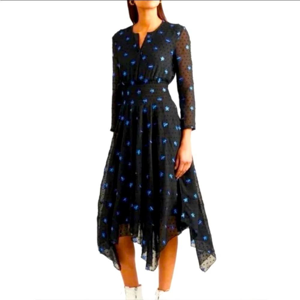 Maje embroidered Swiss-dot chiffon midi dress size 1/xs